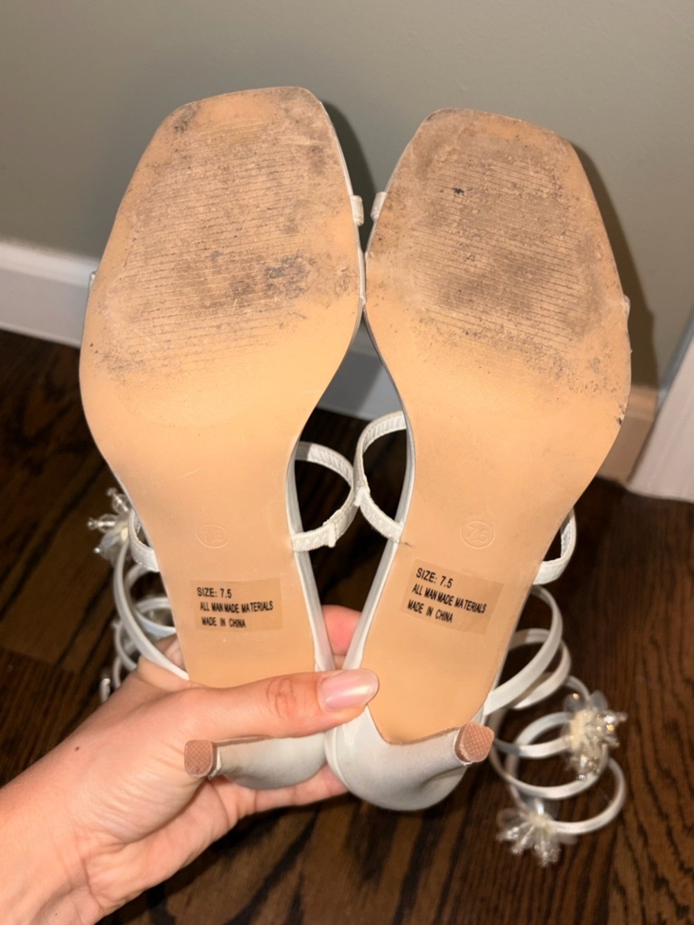 Esmarie White Satin Ankle Wrap High Heel Sandals with flowers - Picture 7 of 7